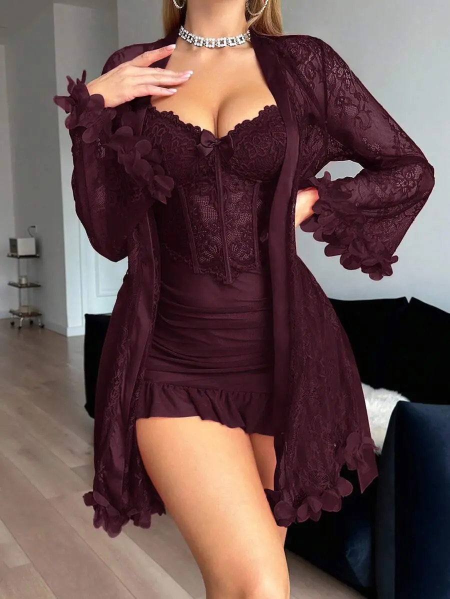 Women's Lace Bodysuit & Teddy Nightwear Set - V-Neck Mesh Chemise Nightgowns, Soft Comfortable Elegant Nightwear Sleepwear Loungewear for Women Chic Aesthetic, Lady Womenswear