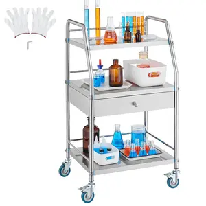 VEVOR Service Cart, 3 Layers Stainless Steel Utility Rolling Cart, Medical Cart with Drawer, Dental Utility Cart with Lockable Wheels, Ideal for Laboratory, Hospital, Dental Use
