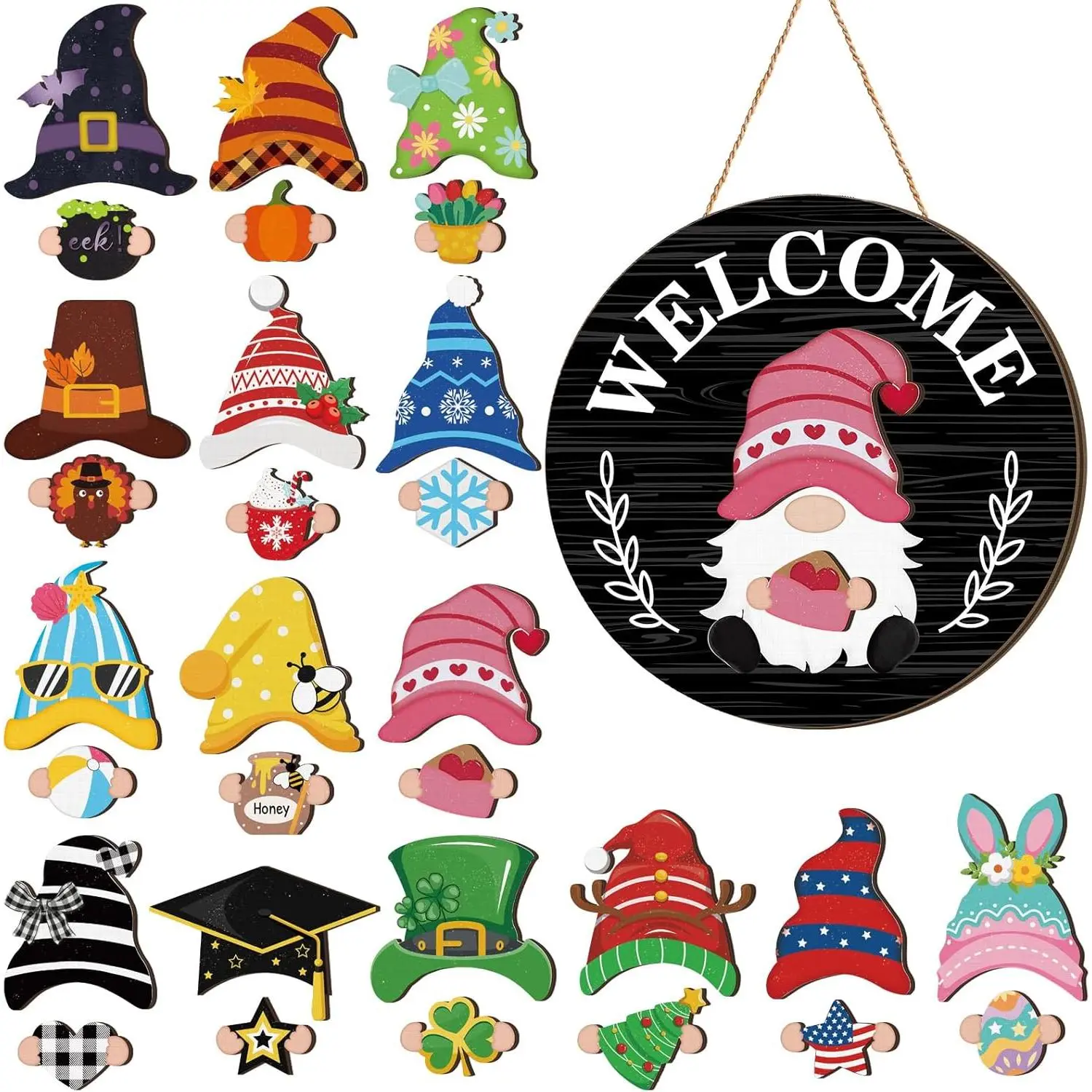 Interchangeable Wooden Gnome Decor Holiday Seasonal Gnome Decorations with Magnet Pieces and Detachable Hats Changeable Welcome Sign for Home(Black Style) Interchangeable Wooden Gnome Decor Holiday Seasonal Gnome Decorations with Magnet Pieces and Detachable Hats Changeable Welcome Sign for Home(Black Style)