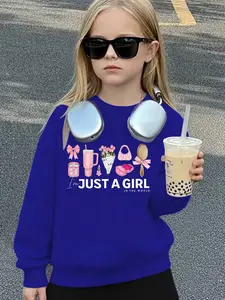 Girls' Spring & Fall Fashion New Pattern Print Round Neck Loose Long Sleeve Sweatshirt, Comfortable Casual Bottom Wear