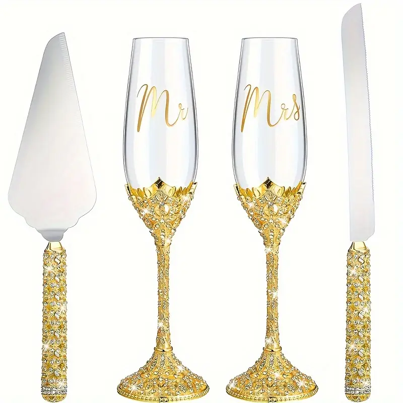 4pcs Wedding Champagne Flutes And Cake Knife Server Set, Toasting Crystal Rhinestone Champagne Flutes Glass Cake Knife Pie Server Wedding Gift for Couple Bride Groom, Wedding Reception Supplies