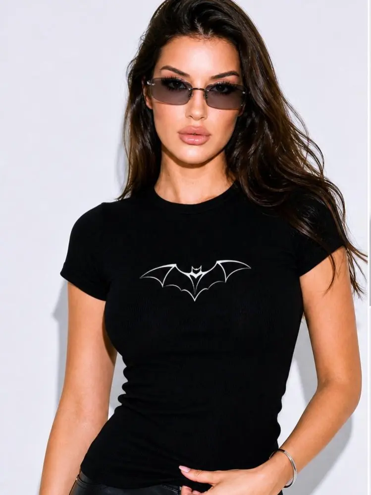 Y2K  White Bat Graphic Black Fitted Women T-Shirt Streetwear baby tee Hot girl short slim-fit top