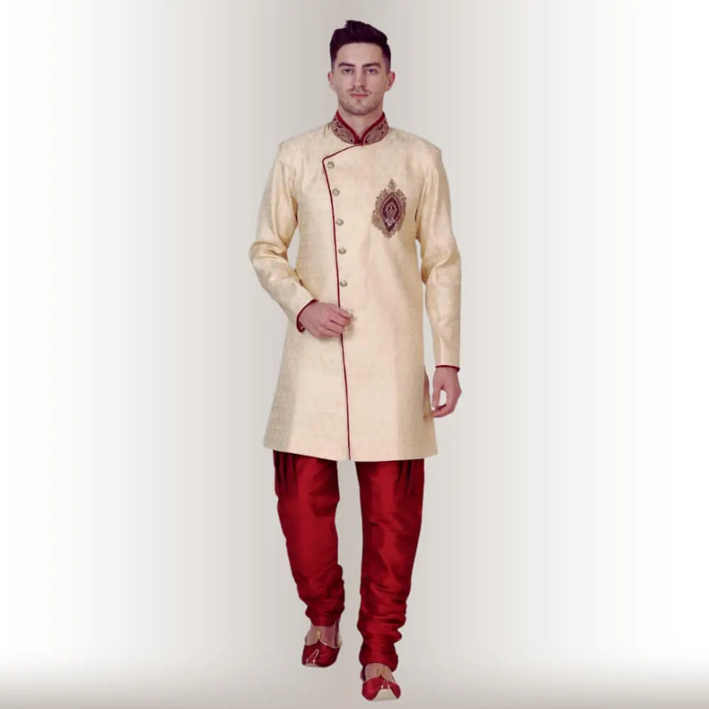 Biege Sherwani  with Red Pants