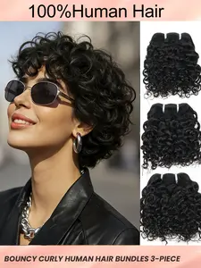 Jerry Style Small Curly Hair Bundles with Lace Closure, Brazilian Remy Hair, 3-Piece Set, 6 Inches Natural Color Extensions