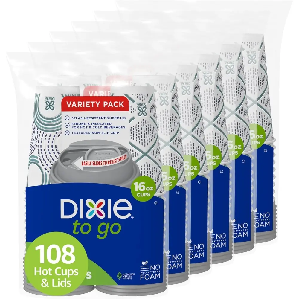 16 oz Disposable Insulated To Go Paper Coffee Cups with Lids - 108 ct Pack, Sustainable Leak-Proof Cups for On-The-Go Hot/Cold Drinks, Party Events, Drink, Disposable Cups