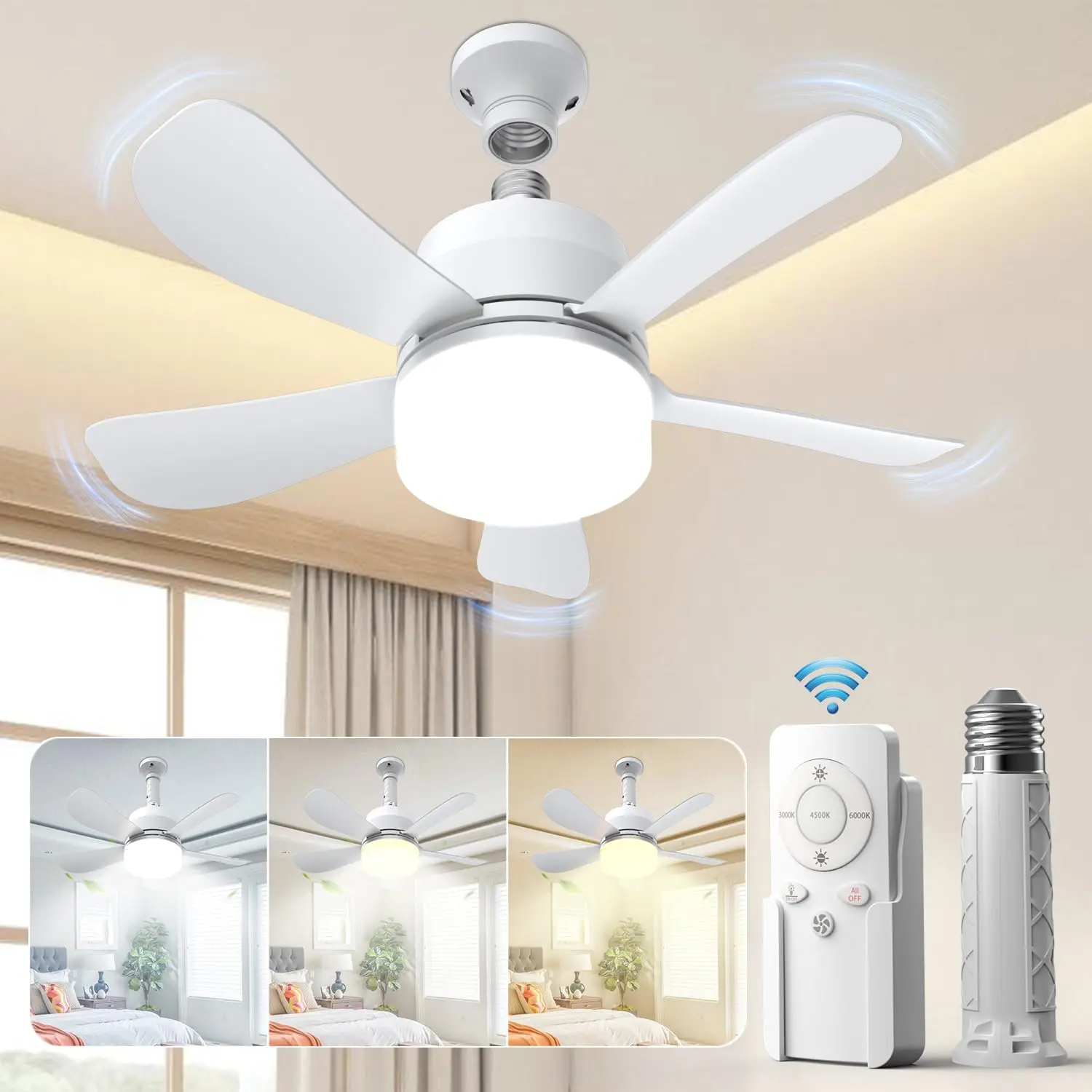 16-in Ceiling Fan Light with Remote Control, Socket Ceiling Fan with 5 Blades, Ultra-Quiet 1000LM 3-Color Dimmable LED, 3 Speeds 5 Brightness Levels, E26 Screw-In Base for Garage Bedroom