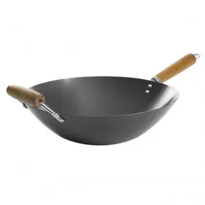Kenmore Hammond 14-Inch Flat Bottom Carbon Steel Wok Pans, Black Cookware with Wooden Handles, Non-Stick Cooking Surface, Ideal for Oil-Based Cooking, Outstanding Performance