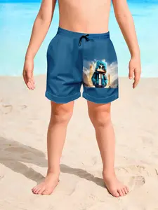 Boys' Diamond Beach Shorts Set, Drawstring Slim Fit, All over Print, Casual Loose-Fitting Summer Pants, Perfect for Vacation