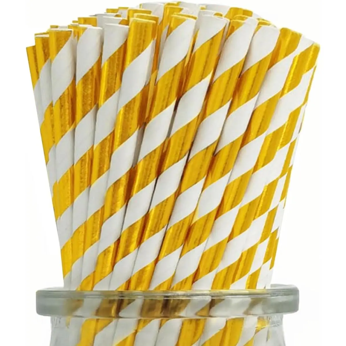 Foil Gold Striped Paper Straws  100-Pack Disposable Golden White Party Cocktail Drinking for Cake Pop Sticks Brithday Wedding Anniversaries Supplies