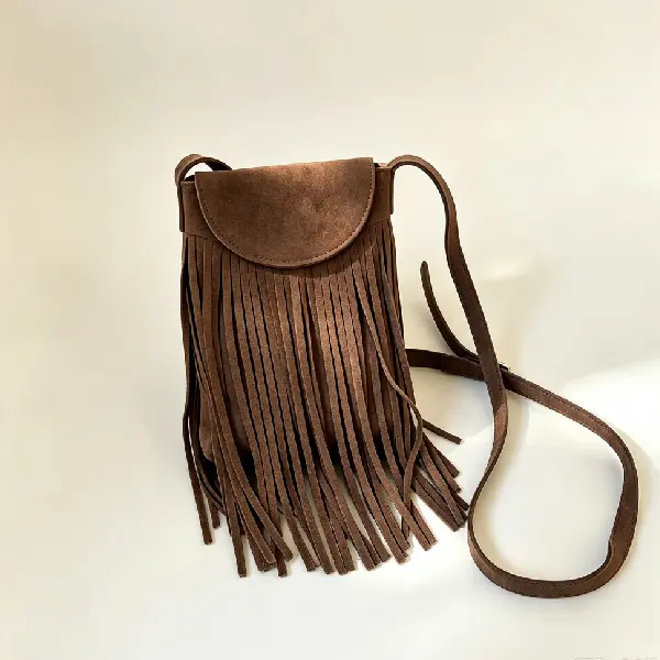 Bohemian Fringe Tassel Crossbody Bag, Vintage Suede Mini Shoulder Purse for Women, Western Style Adjustable Strap Small Pouch for Festival Daily Use