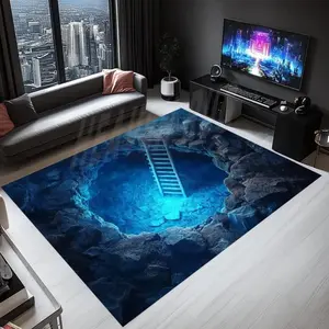 2D Illusion Cave Ladder Flannel Area Rug - Blue Glow Underground Print Soft Mat for Game Room & Living Room, Non-Slip Optical Decor Rug #2DCaveRug #LadderIllusionMat #GameRoomOpticalDecor #BlueGlowCarpet #NonSlipFlannelRug