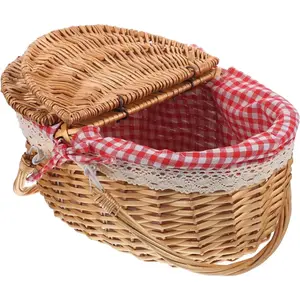 Wicker Insulated Picnic Basket Set for 2 with Liner Split Lid Hand Woven Flower Basket with Folding Handles for Outdoor Picnic Camping