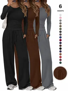 Women's Solid Ruched Drawstring Loungewear Set, Casual Long Sleeve Round Neck Top & Pocket Wide Leg Trousers, Ladies Sleepwear for All Seasons