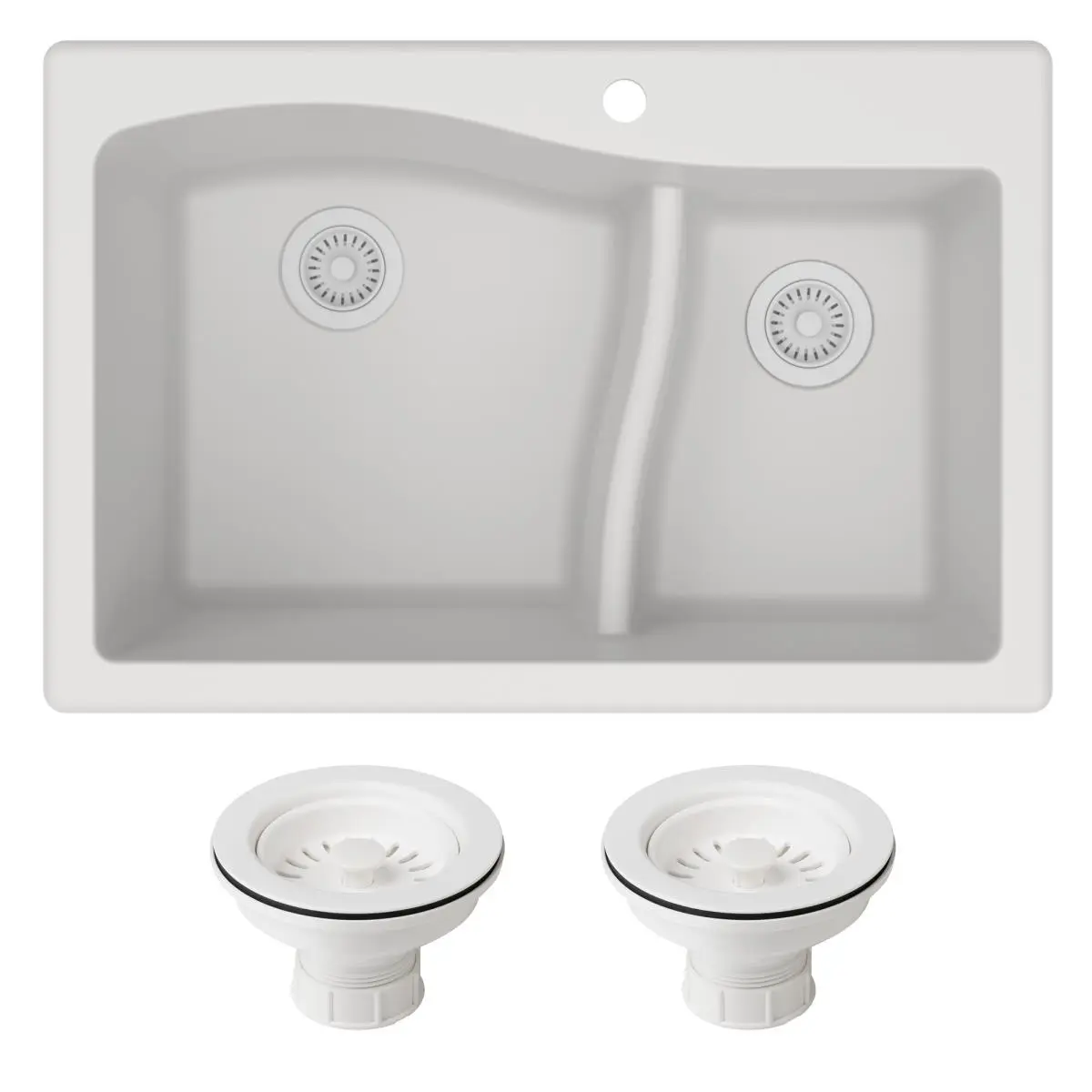 212 MAIN Quarza 33-Inch Rectangle Dual Mount 60/40 Double Bowl Granite Undermount Kitchen Sink - High-Quality, Easy-Clean, Scratchproof, Heat-Resistant, Vibration-Absorbing, Noise-Minimizing, Includes Strainers, White, for Daily Use, Undermount Sink