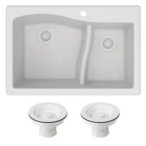 212 MAIN Quarza 33-Inch Dual Mount Undermount 60/40 Double Bowl Granite Kitchen Sink - High-Quality, Easy-Clean, Scratchproof, Includes Strainers, White, Undermount Sink