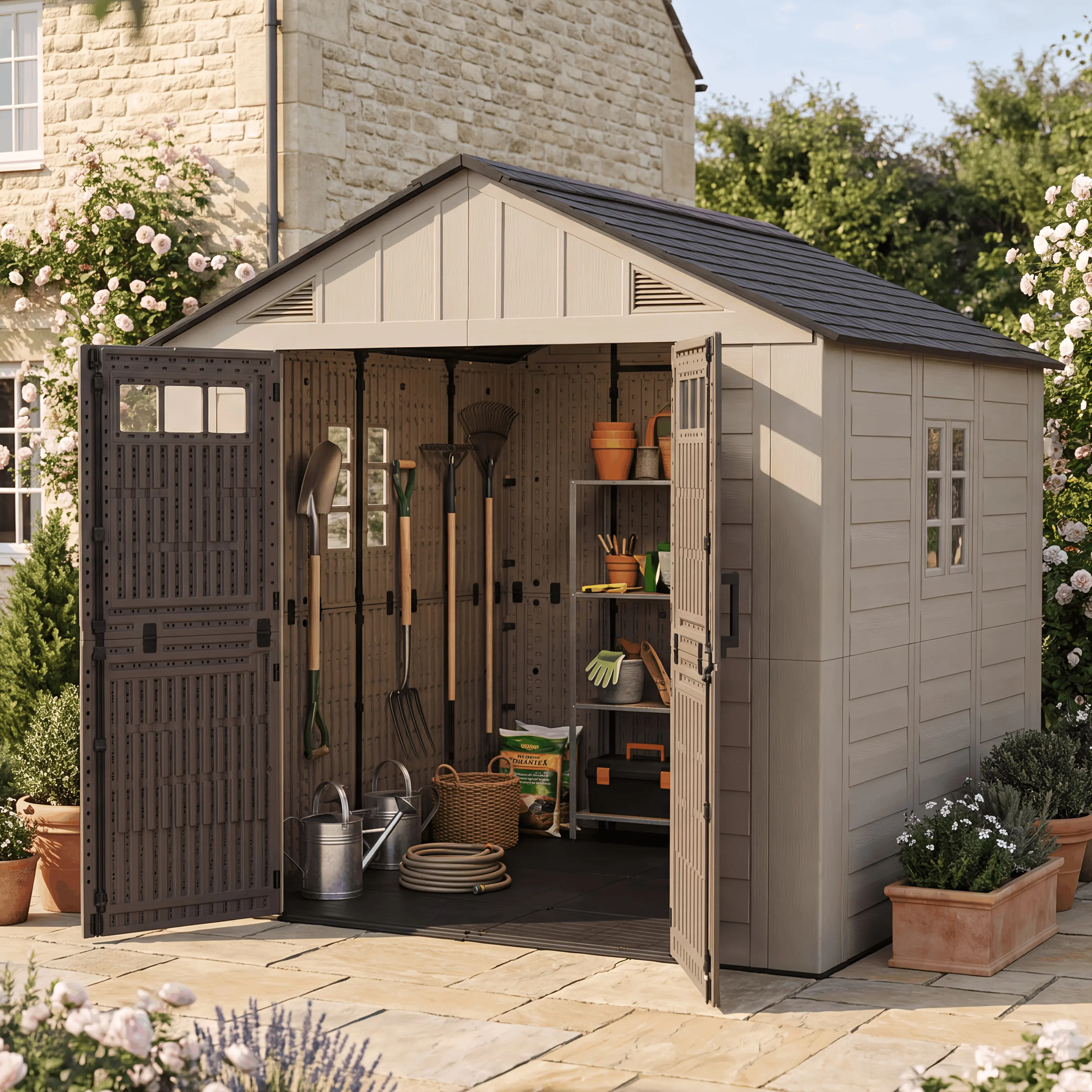 UFFIGAMA 8X6 And 8X8 FT Resin Garden Storage Shed, Lockable Plastic Outdoor Tool House with Floor And Air Vents for Backyard Storage