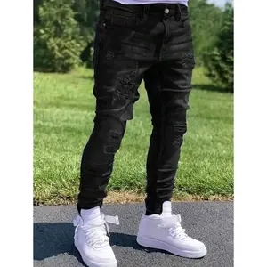 Men’s slim-fit distressed black straight-leg casual jeans (1 piece), elastic, with pockets, breathable, suitable for city walking, family outings, outdoor activities, all seasons, emo style