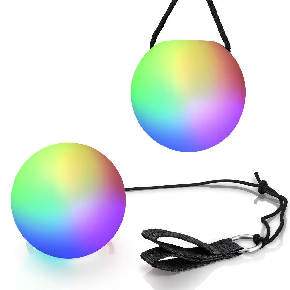 212 MAIN Plastic LED Poi Ball Interactive Farm Animal Pet Toy - Button-Controlled Adjustable RGB Lighting, Color Changing RGB, Flashing LED Light, Finger Holder, 2.75" Ball Diameter, 20" String Length