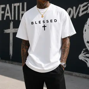 Men's Graphic Crew Neck T-Shirt with Cross & Blessed Letter Print, Casual Streetwear Short Sleeve Tee, Regular Fit Lightweight Knit Summer Tshirt, Vintage Fashion Oversized Style, Comfortable Everyday Weekend Outfit, Black Graphic Tee for Men