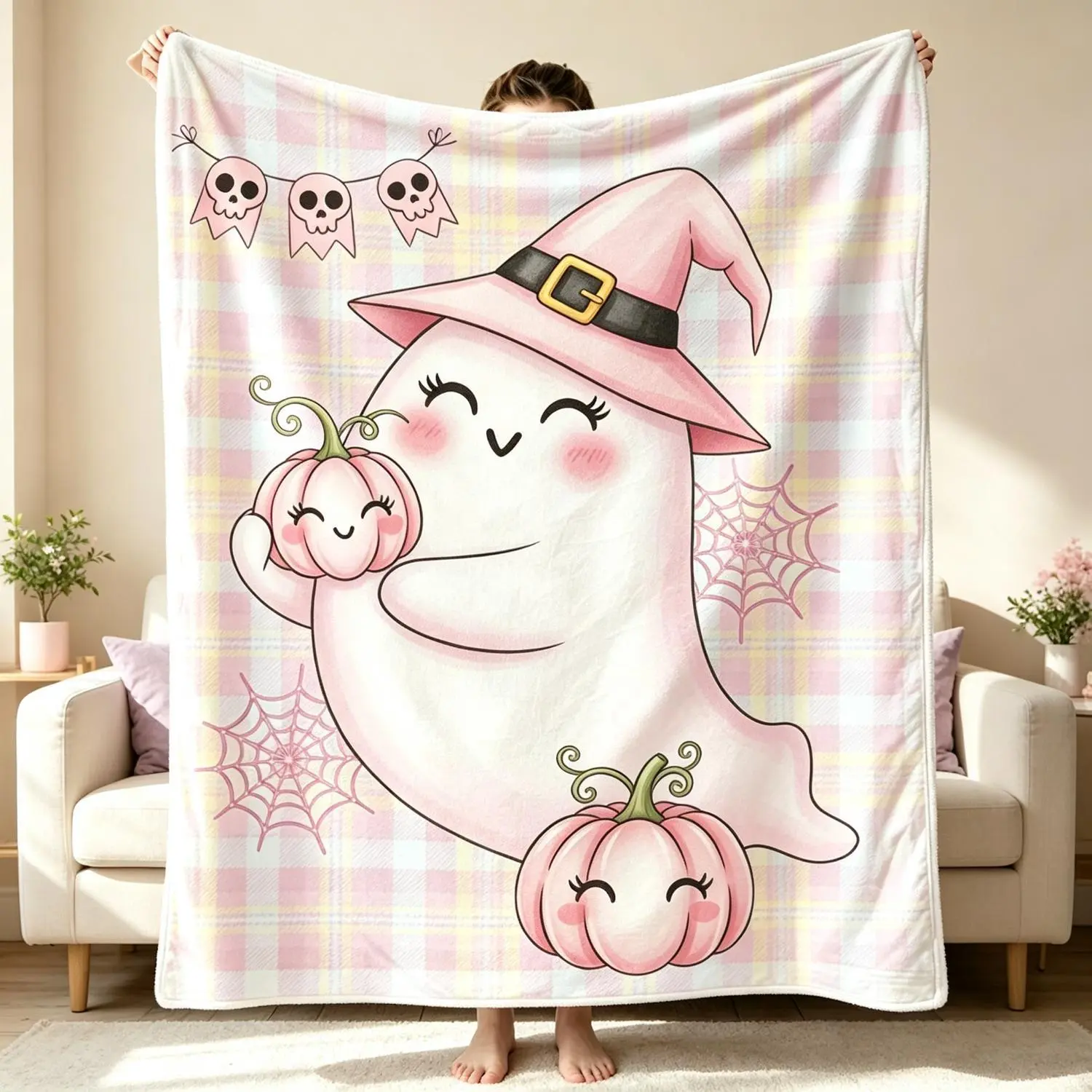 Ghost Witch Halloween Blanket Pumpkin Ghost Soft Flannel Throw Blanket Kawaii Spooky Halloween Home Decor Cozy Warm Blanket For Sofa Bed Gift Girls