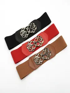 Vintage Style Metal Flower Buckle Wide Waist Belt, Elastic Stretch Design, Hanfu Dress Cinch Waist Slimming Belt, New Chinese Light National Wind