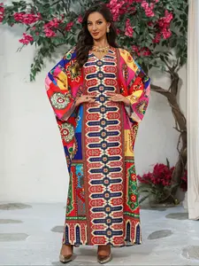 Middle Eastern Ethnic Style Multicolor Embroidered Dress, Loose Batwing Sleeve, Casual for Daily Wear, Family Gatherings