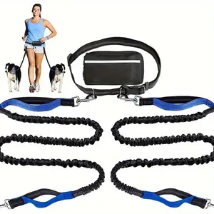 Adjustable Hands-Free Dog Running Leash, Double Handles Elastic Retractable Waist Leash, Outdoor Jogging Walking Leash for Medium & Large Dogs