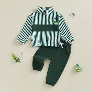 Kupretty Kids Toddler Baby Boys Golf Outfits Set Tracksuit Striped Golf Embroidered Stand Collar Long Sleeve Tops and Pants 2Pcs Sports Clothes Set 1-5 Years