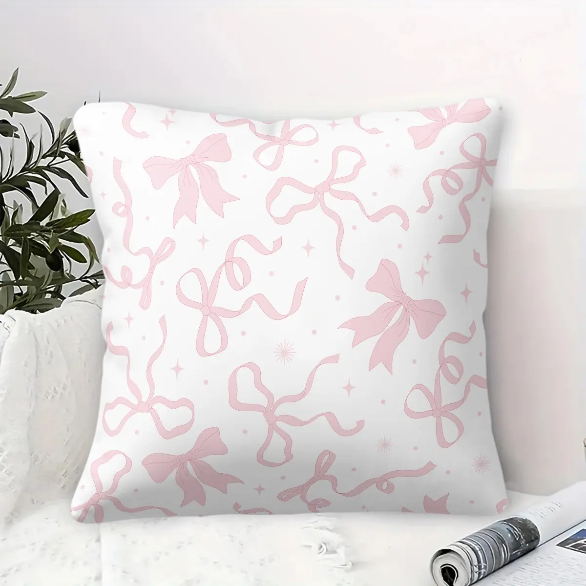 Aesthetic Pink Bow & Star Throw Pillow,Flowing Ribbon Bows and Tiny Star-Patterned Throw Pillows,Dreamy Girly Print Decorative Pillow Girly Kawaii Bow Printed Cushion,for Living Room Couch,Bedroom Chair & Sunroom Nook