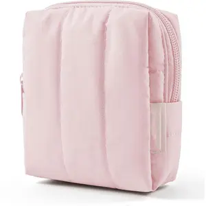 Small Travel Makeup Bag for Purse Toiletry Pouch, Puffy Padded Mini Cosmetics Bag, Cute Make Up Pouch for Women with Slip-in Pocket, Travel Essentials for Toiletries, Baby Pink