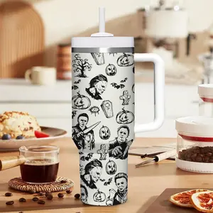 Halloween Michael Myers Tumbler With Handle 40oz, Stainless Steal Leak Proof Keep 12h Icing, Horror Movies Halloween gift For fan