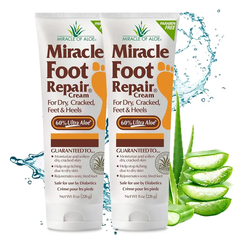 Miracle Foot Repair Cream (8 oz / 2-Pack) Repairs Dry Cracked Heels and Feet, 60% Pure UltraAloe Moisturizes, Softens, and Repairs