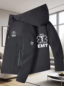 Men's Printed Hooded Jacket with Emt Badge Design, Zipper Pockets Outdoor First Aid Technician Coat, Casual Street Style Spring Fall