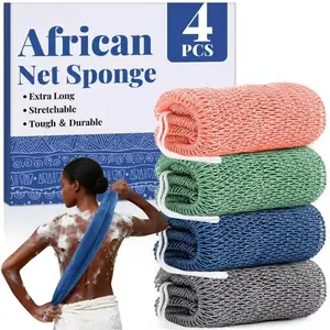Net Sponge Authentic-4 Packs   Net Sponge,Bath Sponges for Shower,42 inch Long for Normal to  , for Daily use,  Exfoliator Shower (Green,,Blue,Grey)