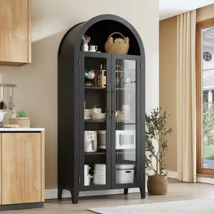 Farmhouse Arched Cabinet with Glass Doors, Wood Display Cabinet with Drawer and Adjustable Shelves, 71” Tall Bookshelf Modern Storage Kitchen Pantry for Living Room,Office (Walnut) | Glass Doors, Drawer, Adjustable Shelves, Bookshelf, Modern, China Storag
