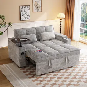 65" Chenille Convertible Sofa Bed with Adjustable Backrest, 3 in 1 Sleeper sofa , 360° Swivel Side Table, USB/Type-C Ports, Hidden Storage, Easy Assembly for Living Room & Apartments,Gray folding table couch loveseat sleeper