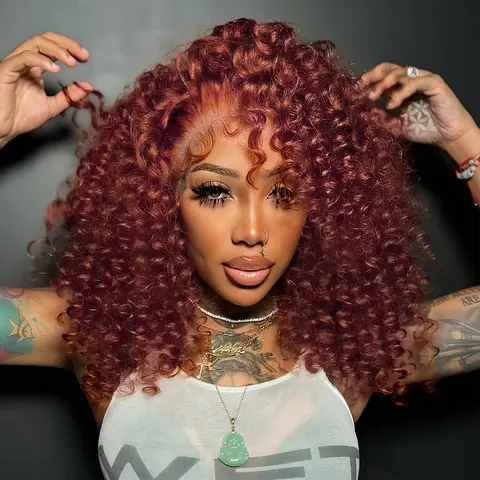 PUNMASA Women's #33 Reddish Brown Thick Curly Human Hair Wig, 13x6 Transparent HD Lace Front, 180% Density Deep Wavy Hair, for Daily Wear, Birthday, Travel, dealsforyoudays