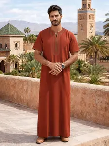Muslim Men Moroccan Style Long Robe Thobe, Gold Embroidered Collar, Loose-Fitting Casual Wear, All Seasons Fashion