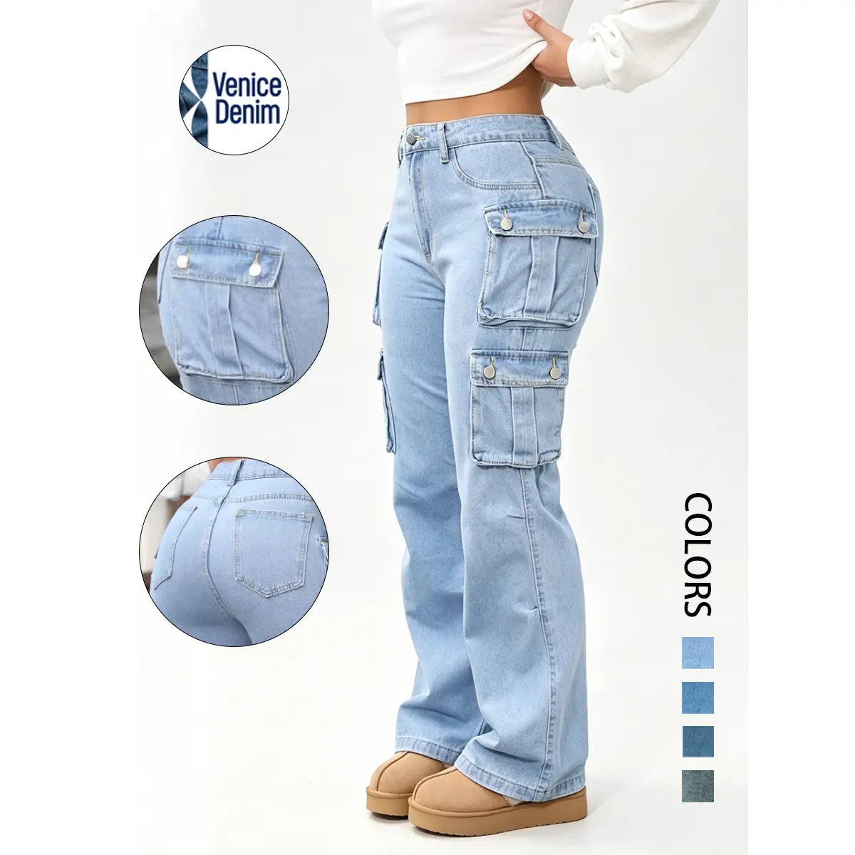 Women's High-Waist Baggy Chunky Cargo Jeans - 1-Piece Blue Old School Denim Bottoms, Wide-Leg, Spacious Pockets, Soft Elastic Cotton Viscose, Breathable Casual Streetwear Clothes You'll Love