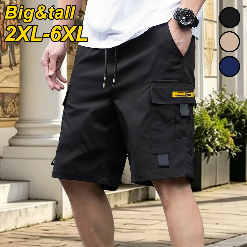 2XL–6XL Plus Size Tall Men’s Cargo Shorts — Loose functional shorts with multiple pockets and a straight cut, drawstring elastic waistband for adjustable fit, side 3D patch pockets that are both practical and stylish; suitable for everyday workouts and ca