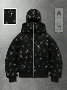 Men Street Style Rhinestone Hooded Sweatshirt Pocket Zip Design Fall Winter Geometric Pattern Fitted Fit 2026