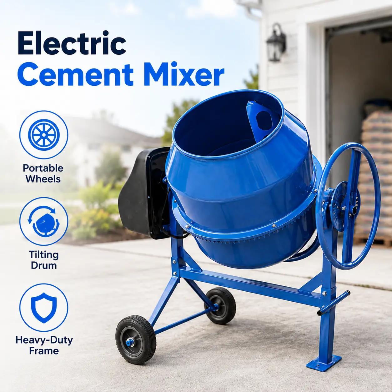 Electric Cement Mixer 4.3 Cu.Ft Blue Portable Concrete Mixer Machine with 450W 3/5HP Motor, Wide Drum Opening, 360° Tilt Pouring, Heavy Duty Steel Frame & Wheels for Mortar, Stucco, Concrete, Feed, DIY Home & Jobsite Projects