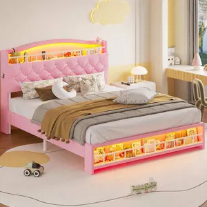 Sikaic Princess Velvet Upholstered LED Bed Frame Pink Modern Bed Frame with Charging Station, Storage Headboard and Footboard and Under Bed Storage