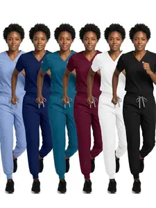 Women's V-Neck Scrub Set, 2-Piece Stretch Uniform with Jogger Pants, Multi-Pocket Breathable Workwear for Nurses Doctors, Multiple Colors Available