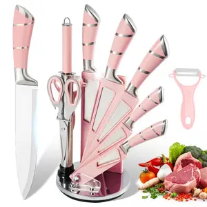 9PCS Kitchen Knive Set with Block, Professional Chef, Bread, Cleaver, Paring, Utility Knife And Scissors Sharpener Peeler High Carbon Stainless Steel Ultra Sharp Non-stick Multifunctional