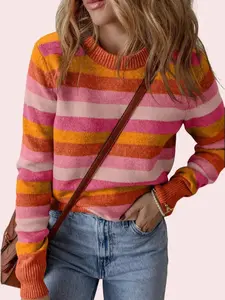 Women's Orange Striped Knit Long Sleeve Sweater for Fall and Winter - Knitwear, Womenswear