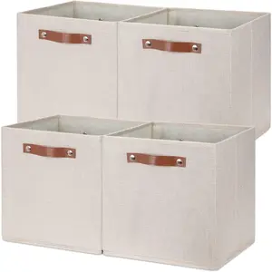 12 Inch Cube Storage Bins 4PCS Fabric Organizer Boxes with Handles, Sturdy Collapsible Closet Storage Organizer Cubes for Shelf, Bedroom, Cabinet (Beige, 12 x 12 x 12)