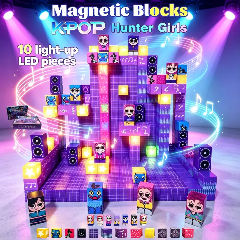 Christmas Kpop Magnetic Creative Stage Building Block Set – includes 10 LED light-up blocks that can be assembled; eight-way magnetic fastening; DIY to enhance hands-on skills; Christmas gift, Halloween gift, birthday gift