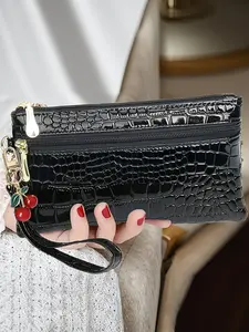 Cute Cherry Design Women's PU Leather Wallet, Zipper Wallet Design, Casual Style Handbag with Multiple Pockets, All Seasons Fashion Accessory