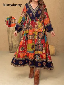 Plus Size Women's Christmas Halloween New Year Party Boho Aesthetic Patchwork Floral Print Long Dress, Lantern Sleeve Maxi Gown for Tea Parties